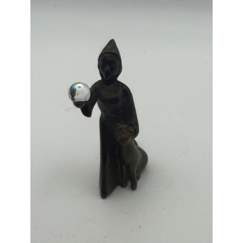 Vintage Bronze Witch Sorceress Figurine with Cat and Iridescent Glass Orb